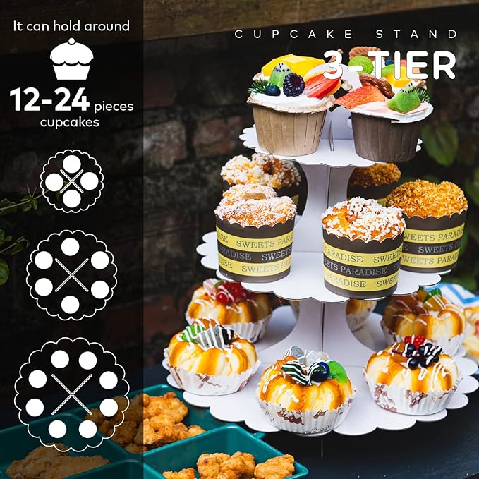 3-Tier White Cupcake Stand,Cardboard Dessert Display Tower, Versatile Party Serveware for Wedding Birthday All Occasions, Easy Assembly (2-Pack)
