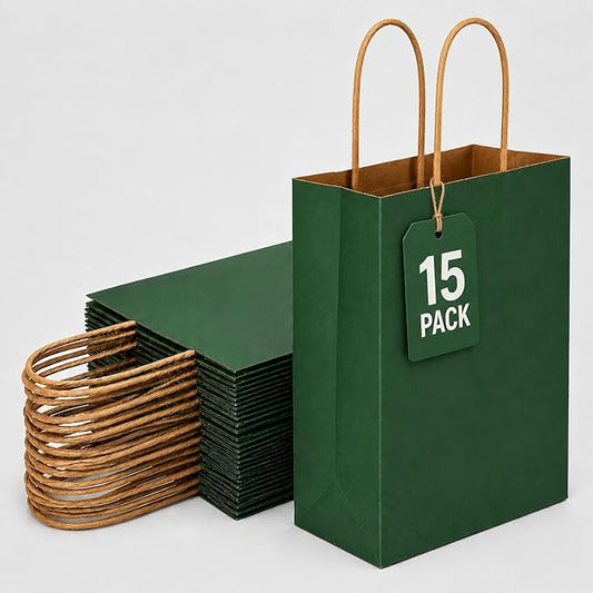 MAQIHAN 15 PCS Small Kraft Bags with Handles - Halloween Kraft Paper Bags Green Paper Craft Bag with Candy Festive Birthday Party Favor Shopping Small Business