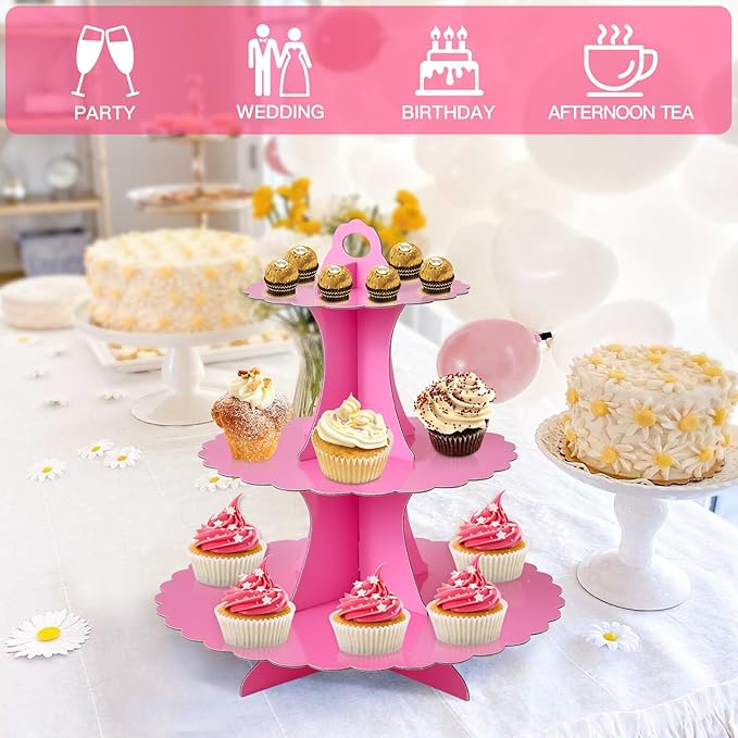 Soleebee 3-Tier Cupcake Stand, Cardboard Cupcake Tower, Dessert Cup Cake Stand Tower for Birthday Wedding Party Decoration, Cupcake Tier Stand 2 Set (Hot Pink)