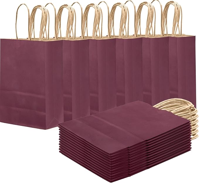 qiqee Purplish Red Gift Bag with Handles Bulk 24Pcs Paper Bags -10.6"x8.3"x4.3"Party Favor Bags - Solid Color