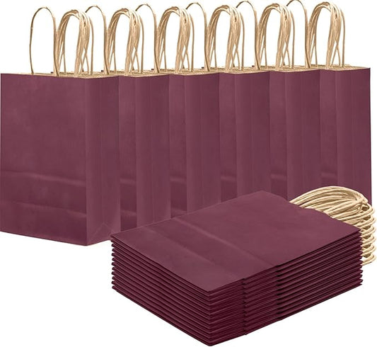 qiqee Purplish Red Gift Bag with Handles Bulk 24Pcs Paper Bags -10.6"x8.3"x4.3"Party Favor Bags - Solid Color