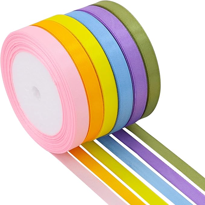 TONIFUL 6 Rolls Easter Satin Ribbon 3/8 Inch Assorted Solid Colors Pastel Ribbons for Gift Wrapping, Flower Bouquet, Hair Bows, Wreath Decor, Baby Showe Birthday Easter Party Decor (25 Yards/Roll)