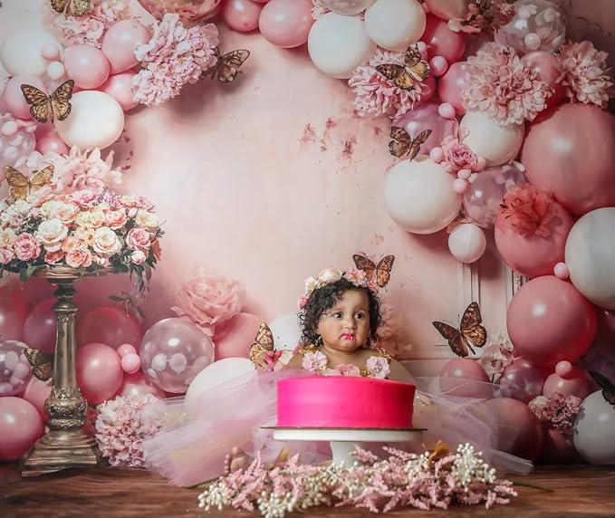 Kate 7x5ft Sweet 1st Birthday Backdrops for Photography Colorful Balloons Background Butterflies with Flowers Backgrounds Sweet Baby Birthday Party Decoration Studio Backdrop