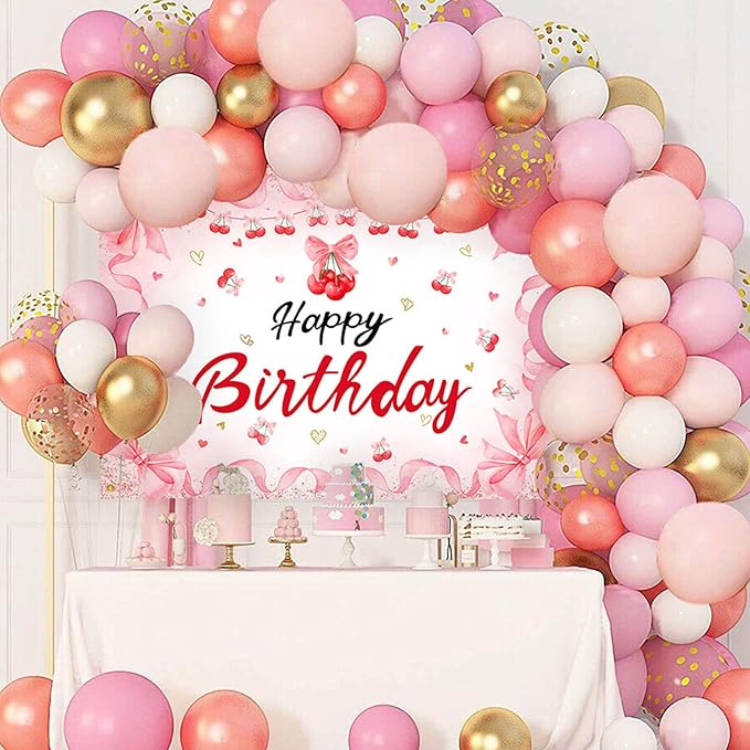Mocsicka Cherry Happy Birthday Backdrop Cherry Theme Birthday Party Decorations Banner Red for Girls Cherries Fruit Theme Party Photography Backgorund Supplies (Pink, 6x4ft(72"x48"))