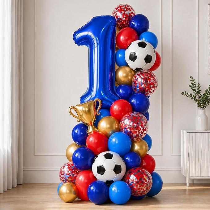 Soccer Balloons, 12Inch Blue Red Gold Soccer Printed Latex Balloons, Navy Royal Blue Red and Metallic Gold Helium Balloon with Confetti Balloon for Sport Football Theme Boy Men Birthday Party Decor