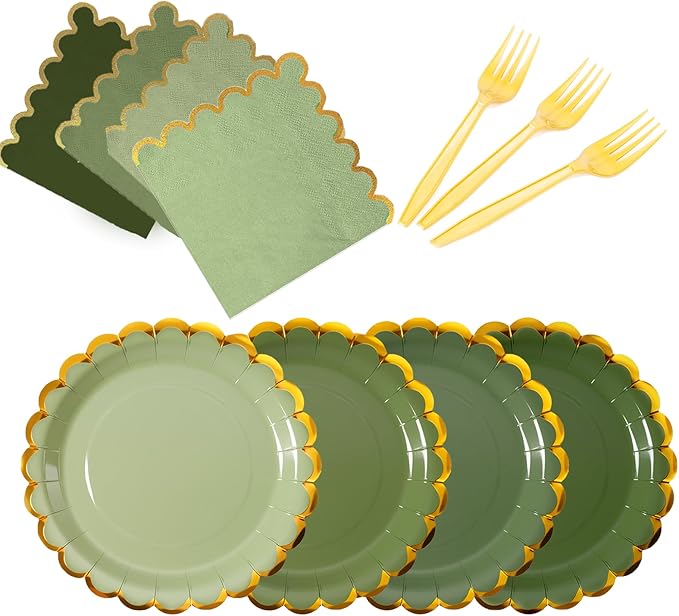 Green mix scalloped party plates with napkins and fork gold foil border, 24 Guest disposable Tableware Set Sage Green Party Decoration for Birthday Coquette Bridal Baby Shower Valentines