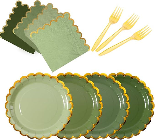 Green mix scalloped party plates with napkins and fork gold foil border, 24 Guest disposable Tableware Set Sage Green Party Decoration for Birthday Coquette Bridal Baby Shower Valentines