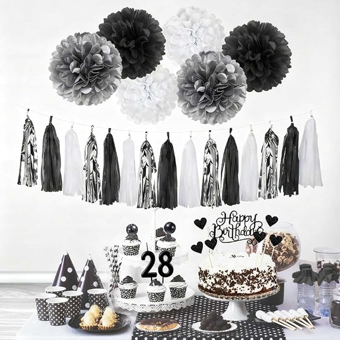 YGYXMY Birthday Decorations for Men, Black and Silver Party Decorations, Black and White Party Supplies - Banner, Balloons, Tissue Pompoms, Swirls, Tassels Garland