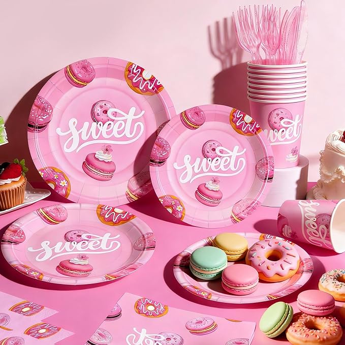 144Pcs Pink Donut Birthday Party Supplies Decorations Sweet Themed Paper Plates Napkins Vintage Party Tableware Disposable Dinnerware for Girl Kid Birthday Baby Shower Table Decor, Serve 24