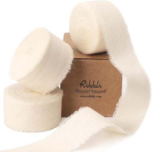 Ribbli 3 Rolls Ivory Ribbon 1 Inch x 18 Yards Cream White Handmade Cotton Frayed Fringe Ribbons for Wrapping Wedding Invites Bridal Bouquets Baby Shower DIY Crafts Home Decor