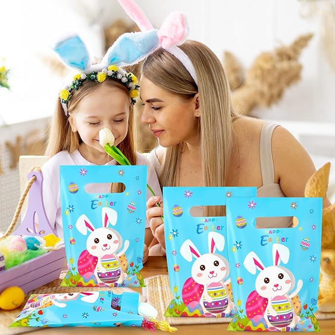 Hxezoc 50 Pieces Happy Easter Gift Bags with Handles Plastic Cute Bunny Goodie Bags Practical Gift Bags Spring Party Favors for Easter Day Egg Hunt Party Birthday Party Decoration Supplies