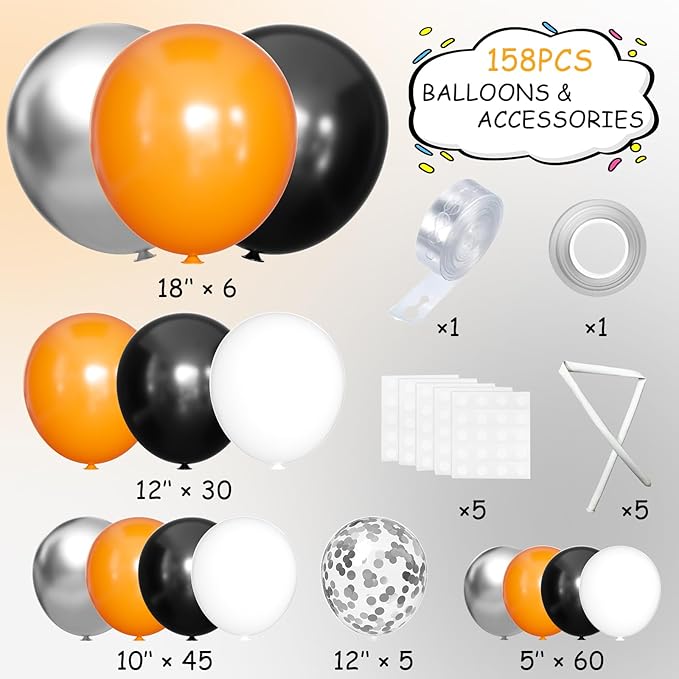 MEBAY Orange Black White and Metallic Silver Balloons Garland Arch Kit, 146 Pcs Latex Balloons with Confetti for Birthday Party Graduation Father's Day Anniversary Bachelorette Party Decoration