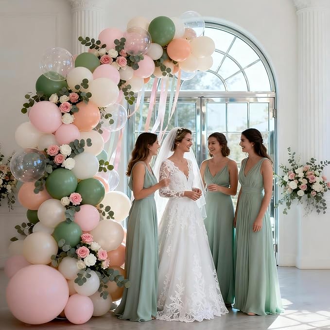 Pink and Green Balloons Arch Kit, Light Dusty Pastel Pink Sage Green Sand White Light Orange Balloons Garland Kit for Wedding Birthday Bridal Shower Bloom Woodland Boho Party Decorations