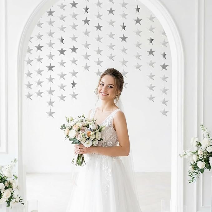 Glitter Star Garland Banner Decor 130 Feet Silver Star Garland Hanging Bunting Banner Backdrop for Graduation Wedding Birthday Holiday Party