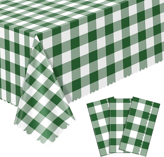 NatNarr 3 Pack Green Gingham Tablecloths, 54 X 108Inch Disposable Scalloped Green and White Checkered Table Cloth, Waterproof Table Cover for Party Picnic Birthday Barbecue Camping Wedding