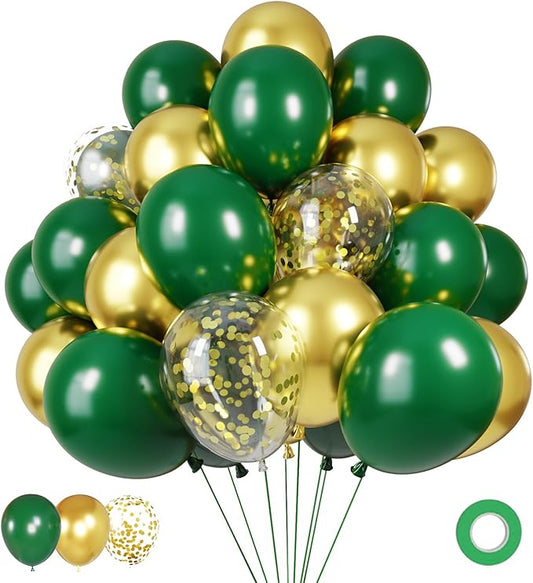 Green and Gold Balloons,60Pcs Dark Green Balloons,12in Gold and Green Latex Balloon for Birthday Graduation St. Patrick's Day Jungle Party Decorations