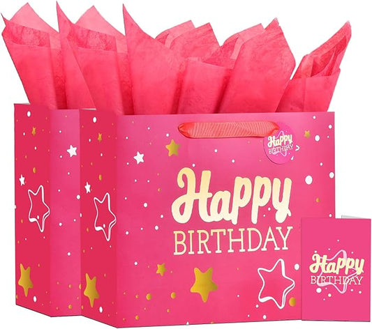 Powbrace 13" Pink Happy Birthday Gift Bag with Tissue Paper and Greeting Card for Party,Happy Birthday Gift Bag for Men Women,Gift Bags Medium size(2 PCS Pink Hot Stamping)