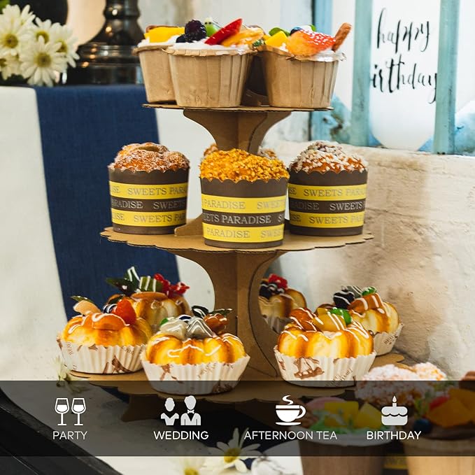 3-Tier Brown Cupcake Stand, Vintage Kraft Paper Dessert Display Tower, Rustic Party Serveware for Wedding Birthday Baby Shower (2-Pack) ﻿