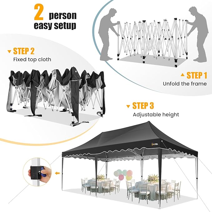 HOTEEL 10×20 Pop Up Canopy, Canopy Tent UV 50+ and Waterproof, Thickened Frame, Large Space Easy Pop Up Canopy, Outdoor Canopy for Weddings, Beaches, Parties, Patio (Dark Black)