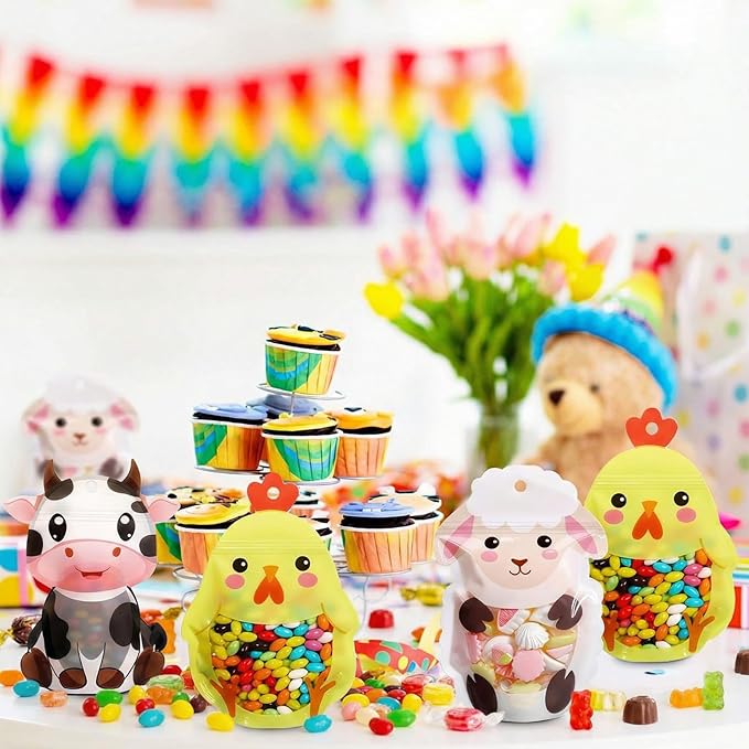 Resurhang 60 Pcs Farm Animal Party Zipper Treat Bags Farm Theme Food Goodie Gifts Bags Resealable Farmhouse Animals Barnyard Party Snack Candy Containers for Girls Kids Baby Shower Birthday Supplies