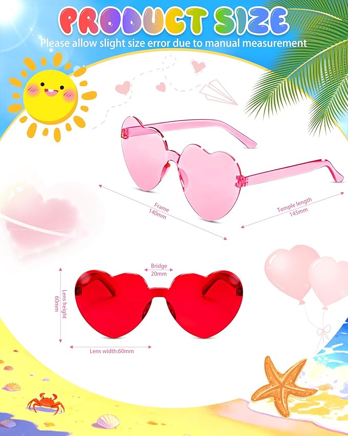 12 Pairs Heart Shaped Sunglasses Candy Color Rimless Fun Heart Glasses for Women Party Favors