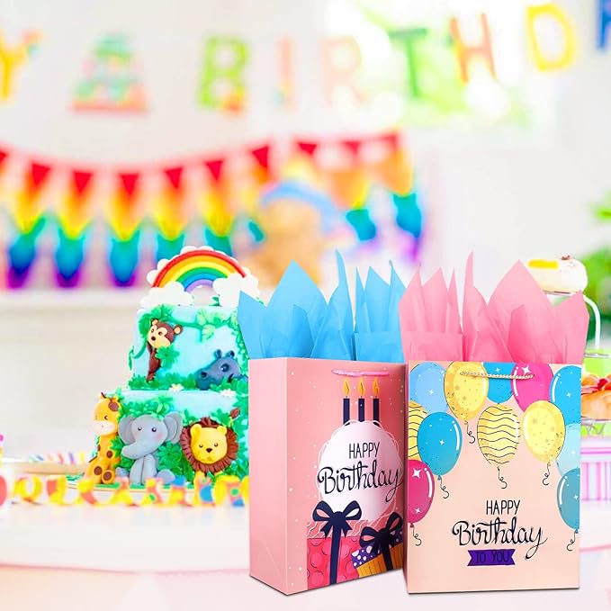 Large Birthday Gift Bags Set - 2 Pack Pink Gift Bags With Tissue Paper and Handles for Girls, Women, Her - Happy Birthday Gift Wrap