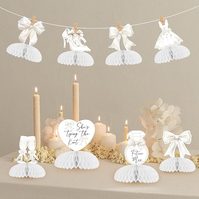 8Pcs White Bow Bachelorette Honeycomb Centerpieces, She's Tying The Knot Bridal Shower Decorations Bowknot Theme Table Toppers for Engagement Decor Supplies