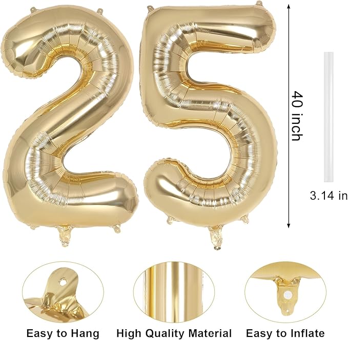Champagne Gold Large Number 25 Balloon, 40 Inch Light Gold Foil Helium Number Balloons, Giant Mylar Number 25 Balloons for 25 Years Old Birthday Party Anniversary Decorations (Champagne Gold 25)