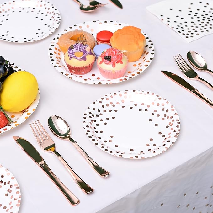 200Pcs Rose Gold Party Supplies - Rose Gold Dot on White Paper Plates and Napkins Cups Silverware Serves 25 Sets for Wedding Bridal Shower Engagement Birthday Parties.(Rose gold dot)