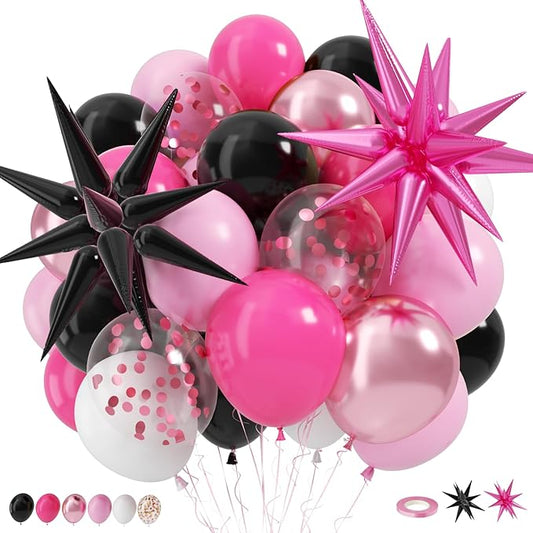 Pink and Black Balloons, 12 Inch Hot Pink and Black Party Decorations with Confetti Metalic Balloon Star Foil Balloons for Mouse Theme Birthday Wedding Bridal Shower Party Decoration