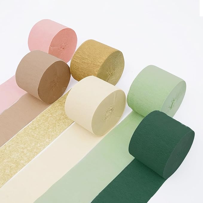 Crepe Paper Streamers Party Decorations - 6 Rolls Grass Green Gold Pink Olive Green Beige Khaki Streamers, Crepe Paper Rolls for Birthday Wedding Party