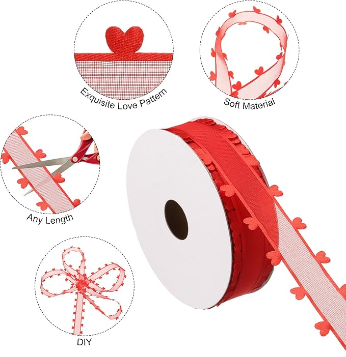 PATIKIL 1 Inch x 20 Yard Organza Chiffon Ribbon Set, Sheer Heart Decorative Ribbon for Valentine's Day Gift Wrapping Wreath Bow Craft DIY Decoration, Red,Pink