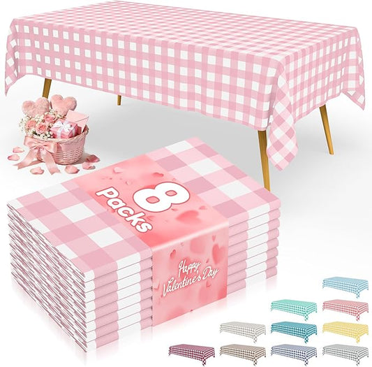 Smiry 8 Packs Gingham Disposable Table Cloth, 54 x 108 Inch Waterproof Plastic Tablecloth, Rectangle Pink and White Checkered Table Covers for Party, Birthday, Picnic, Valentines
