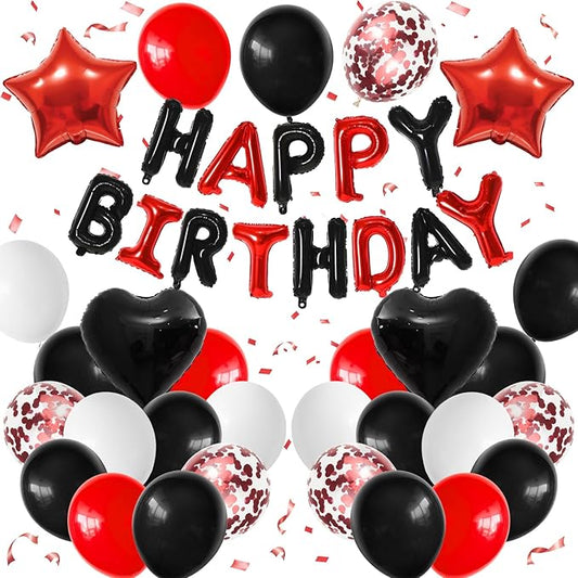 Red and Black Birthday Decorations for Boys,Black Red Star Heart Foil Balloons Black Red Happy Birthday Banner Happy Birthday Decorations for Men Women