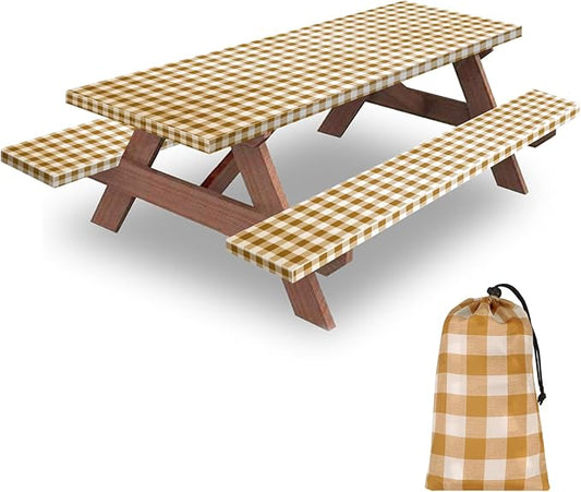 6ft Picnic Table and Bench Cover, Camping Essentials RV Gear, 72 in Waterproof Windproof Outdoor Elastic All Around Tablecloth, Fitted Rectangle Tables and Seats, Coffee-White Checkered