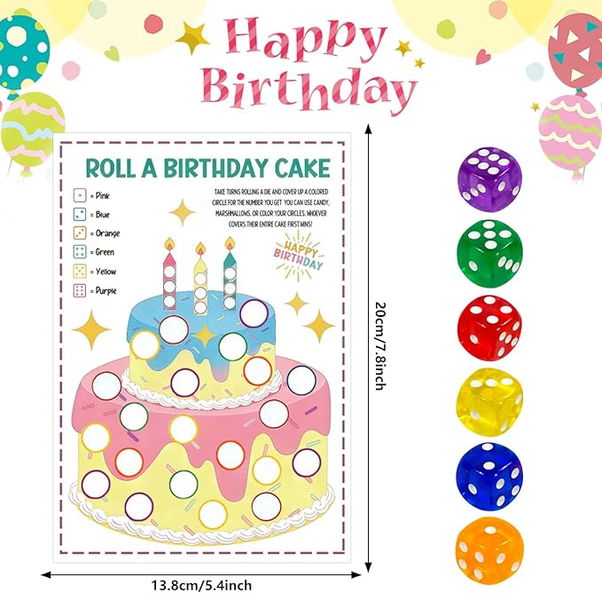 Auch Roll a Birthday Cake Dice Game Set, 30 Transparent Color Dice & 25 Game Sheets, Fun Birthday Party Activity, Icebreaker, Group Game for Birthday Celebrations, Family Gathering Party Supplies