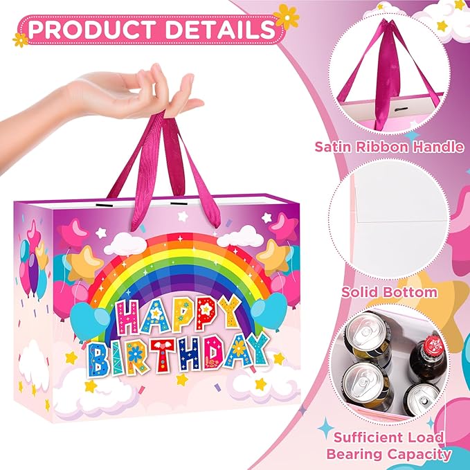 Large Birthday Gift Bag for Girls Kids Happy Rainbow Birthday Gift Bag with Greeting Card and Tissue Paper Colorful Birthday Gift Wrapping Paper Bag for Girls Birthday Baby Shower Party Supplies Decor