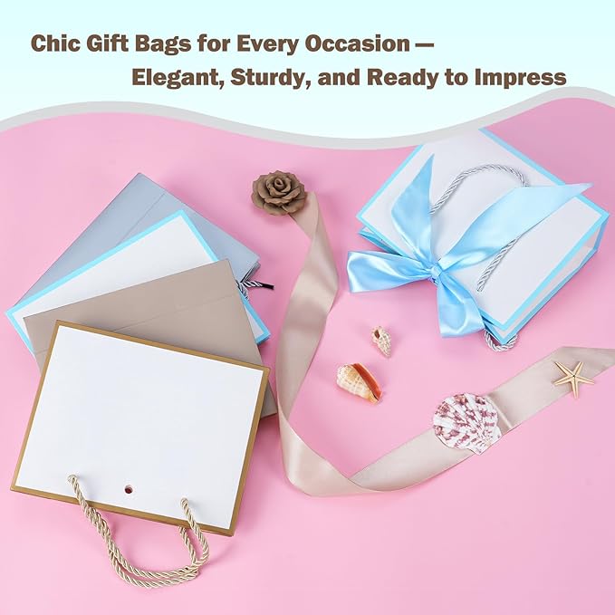 SHIPKEY 10PCS Pink Gift Bags, 11"x4"x8" Medium Welcome Bags, Luxury Shopping Bags with Ribbon Handle and Bows (28x10x20cm)