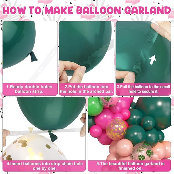 Amandir 165Pcs Flamingo Tropical Balloon Arch Garland Kit, Hot Pink Green Gold Foil Coconut Flamingo Balloons with Palm Leaves for Hawaiian Luau Aloha Summer Beach Tropical Birthday Party Decorations