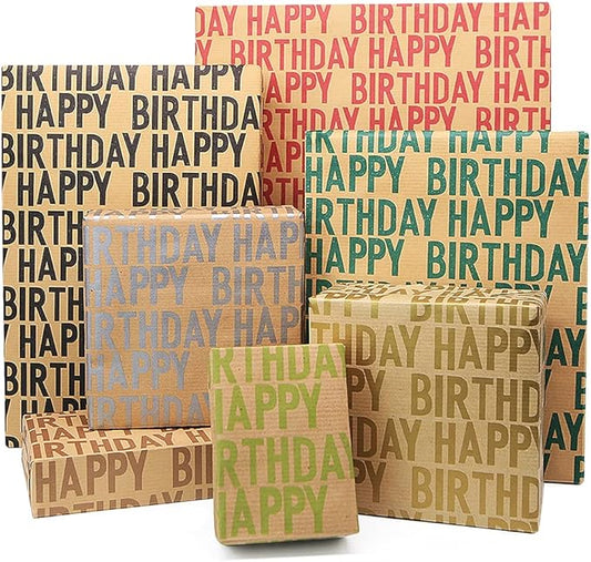 Happy Birthday Wrapping Paper For Men Boys Women Adults Kids Girls, Gift Wrapping Paper Recycled Multipack (7 Sheets,20 x 28 inches per sheet,27 Sq.ft. ttl.,) W/ 10 Gift Tags Jute Twine Tape Stickers