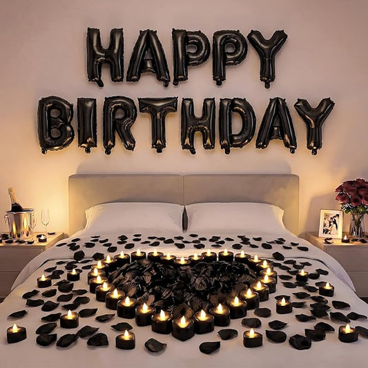 Black Happy Birthday Balloons Decorations Happy Birthday Letter Balloons Banner Set with 24pcs Heart Flameless LED Candles and 2000pcs Artificial Rose Petals for Women Men Room Party Decor