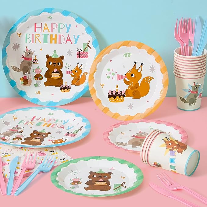 144Pcs Forest Woodland Animal Birthday Party Supplies Decorations Paper Plates Napkins Vintage Party Tableware Disposable Jungle Dinnerware Set for Kids Birthday Baby Shower Table Decor, Serve 24