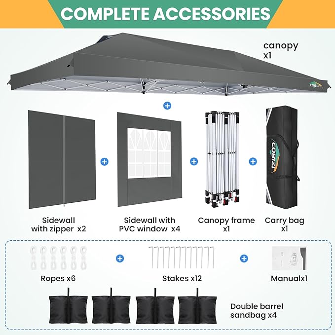 COBIZI 10x20 Pop Up Canopy Tent, One Push Easy Up Gazebo with 6 Removable Sidewalls & Air Vent, Waterproof UV50+ Commercial Canopy with 4 Sandbags, Stakes & Ropes for Parties/Wedding/Backyard,Gray