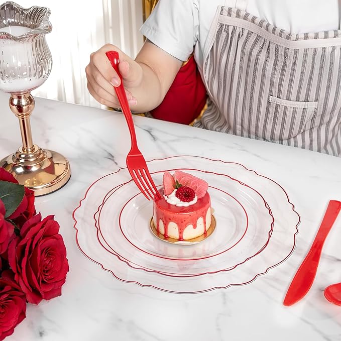 Liacere 400PCS Pre Rolled Red Silverware and Napkin - Disposable Red Plastic Utensils-Wrapped Plastic Cutlery Set with Napkin:100Forks,100Knives,100Spoons,100Napkins for Graduation & Memorial Day