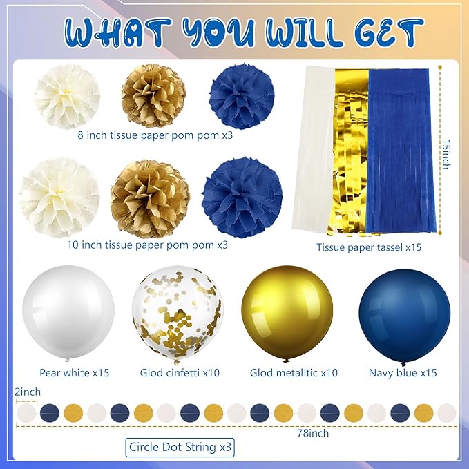 74 Pieces Navy Blue Gold Party Decoration for Graduation Includes Tissue Paper Pom Pom Flower Gold and Navy Balloon Circle Banner Tassel Garland Birthday Bridal Shower Wedding Party