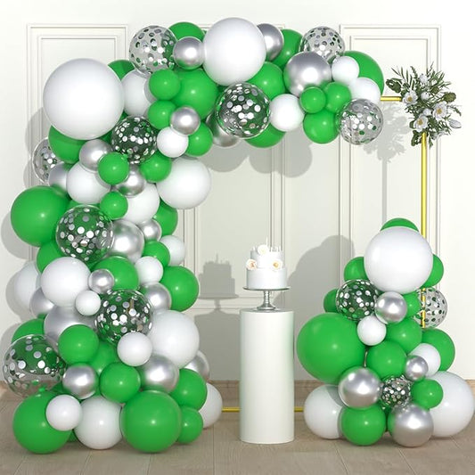 Green White Silver Balloon Arch Garland Kit - 122PCS Green White Balloons Metallic Silver Balloons St. Patrick's Balloons for Green Birthday Baby Shower Wedding Retirement Graduation Party Decorations