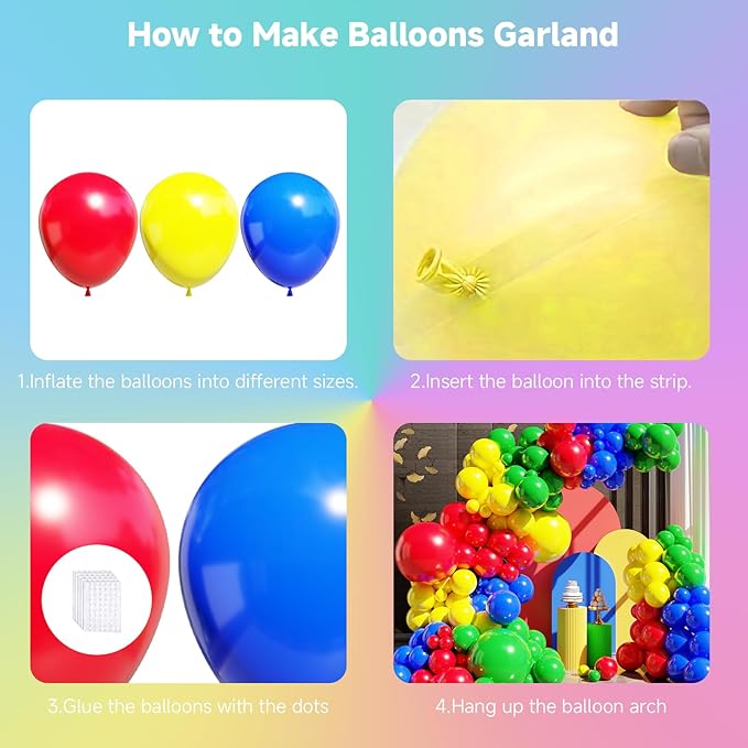 Red Yellow Blue Green Balloons Arch Kit, 131PCS Colorful Yellow Blue Red Green Balloons white Different Size for Video Game Party Rainbow Kid Birthday Party