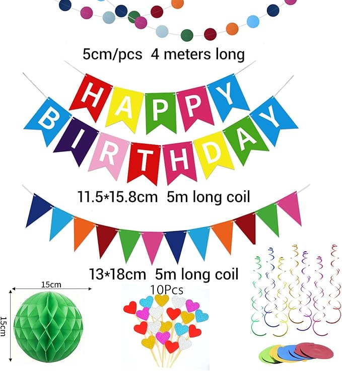 Happy Birthday Decorations, 60Pcs Rainbow Happy Birthday Banner Decorations for Men Women Party Supplies