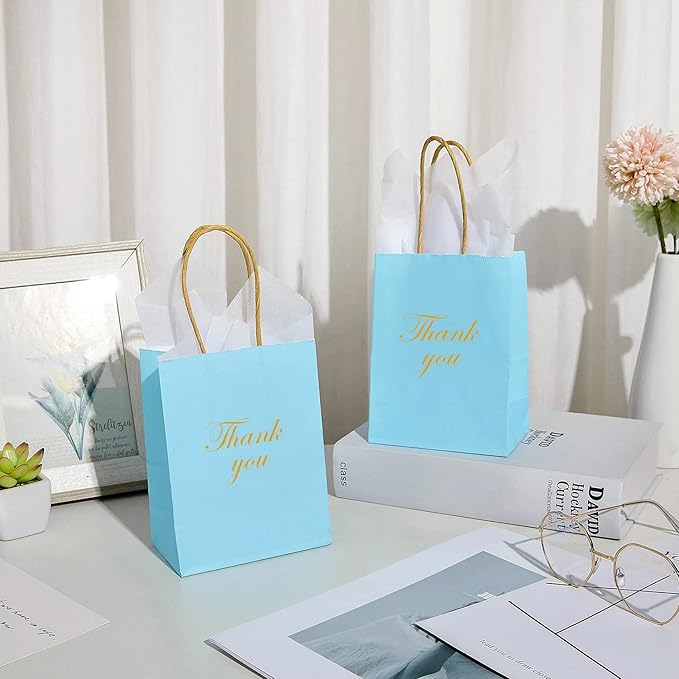 DjinnGlory 60 Pack Tiny Mini Small Blue Paper Gift Bags with Handles 6.3 x 4.7 x 2.75 Inch for Birthday Wedding Baby Shower Party Favors Goodies, Business Merchandise Shopping Kraft Bags