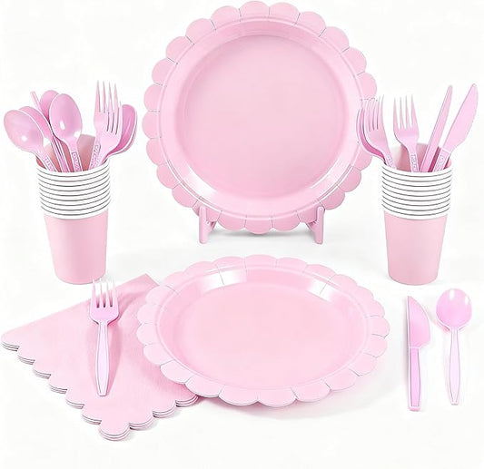 175 Pcs Serve 25 Guests Pink Plates Napkins Set Disposable Cups Plastic Knives Spoons Forks Birthday Shower Party Supplies decorations For Wedding Family Picnic
